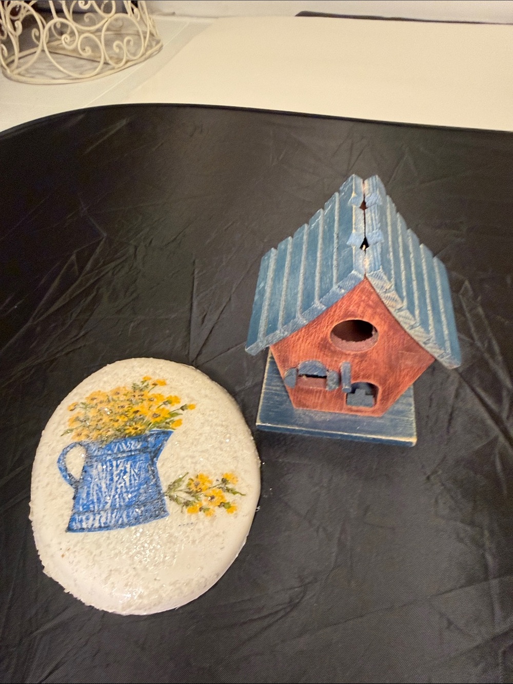 Blue Rustic Birdhouse and vintage Blue Floral Stone Accent